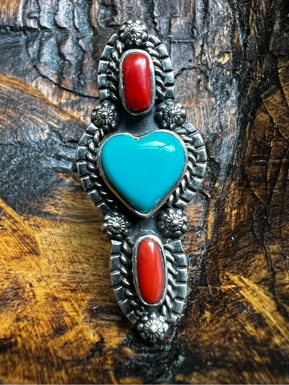 Sterling Kingman Turquoise Heart Italian Red Coral Ring Size 8